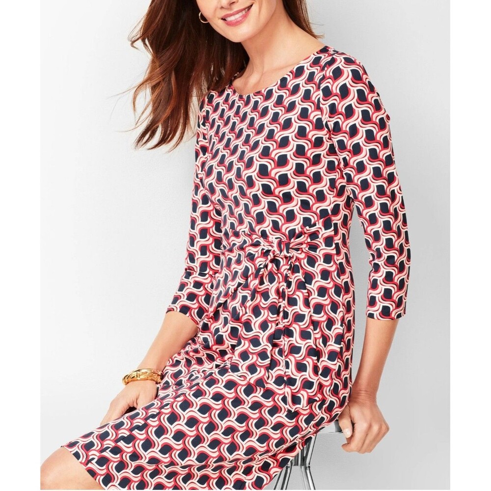Talbots Size M Side-Tie Swirl-Print Sheath Dress Stretch Travel Office Modern